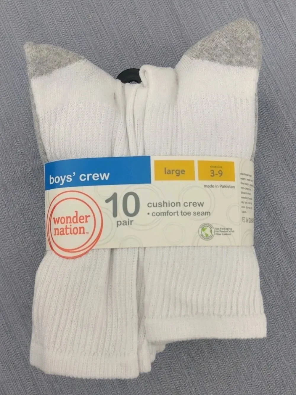 BOYS CUSHION CREW SOCKS LG 3-9 NEW WHITE 10 PAIRS Wonder Nation